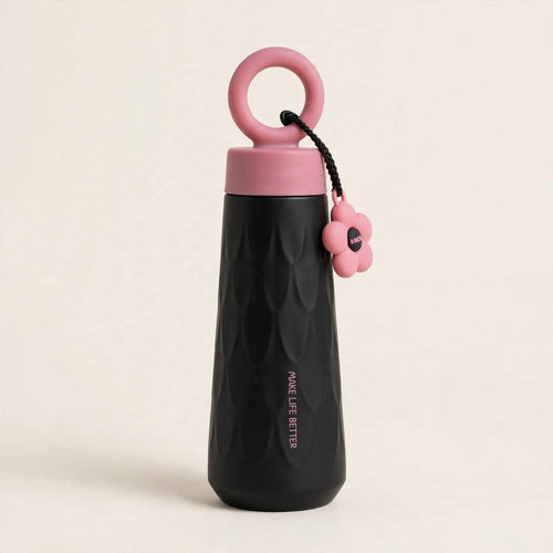 Black insulated bottle with flower charm