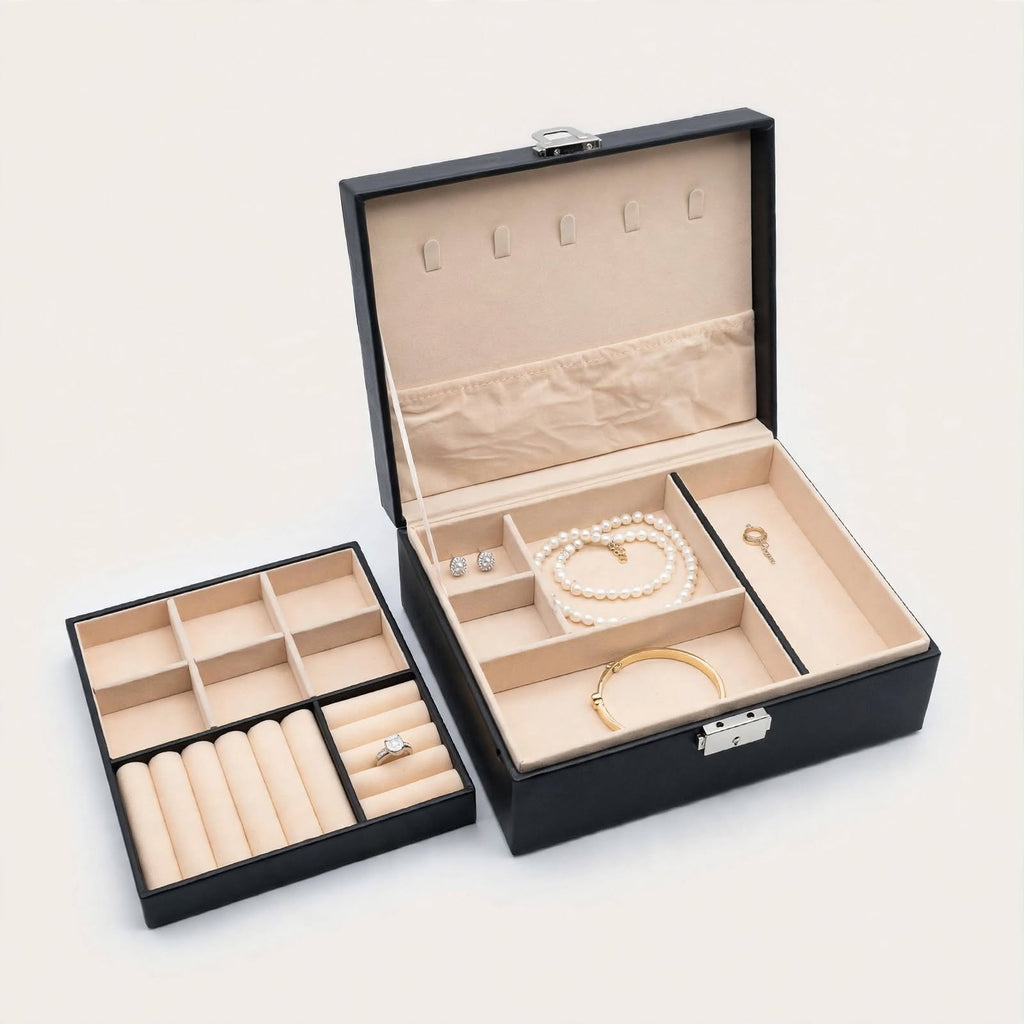 Black jewellery box and tray, angled