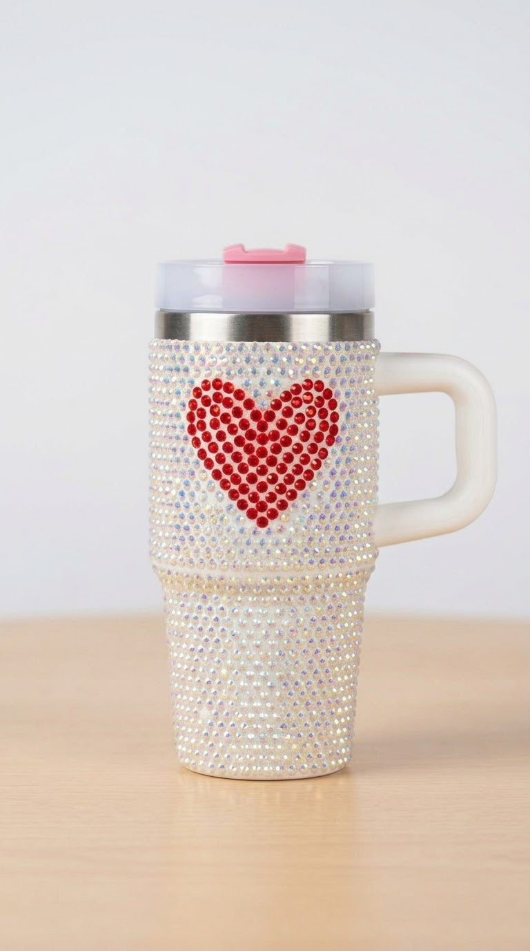 Bling Rhinestone Insulated Tumbler with Red Heart Design, view 2