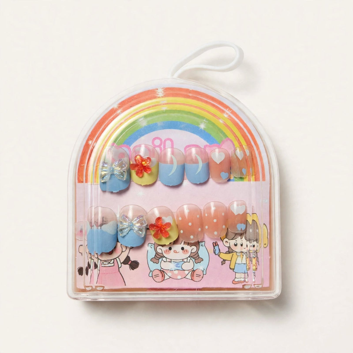Peach and Blue Bows kids press-on nails