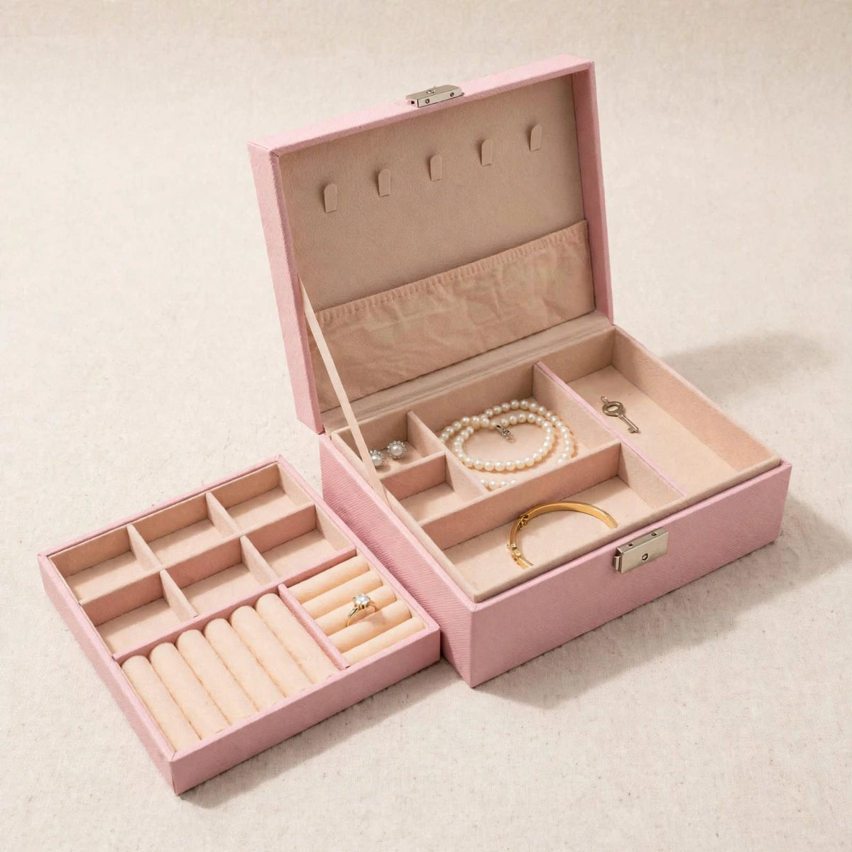 Pink jewellery box and tray, angled