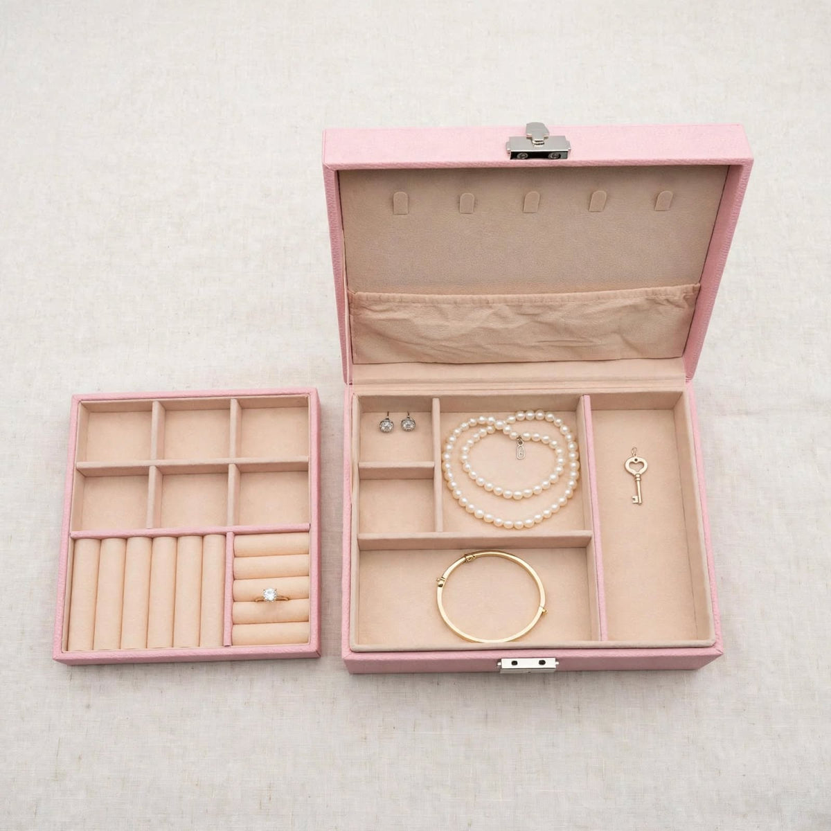 Pink jewellery box with removable tray