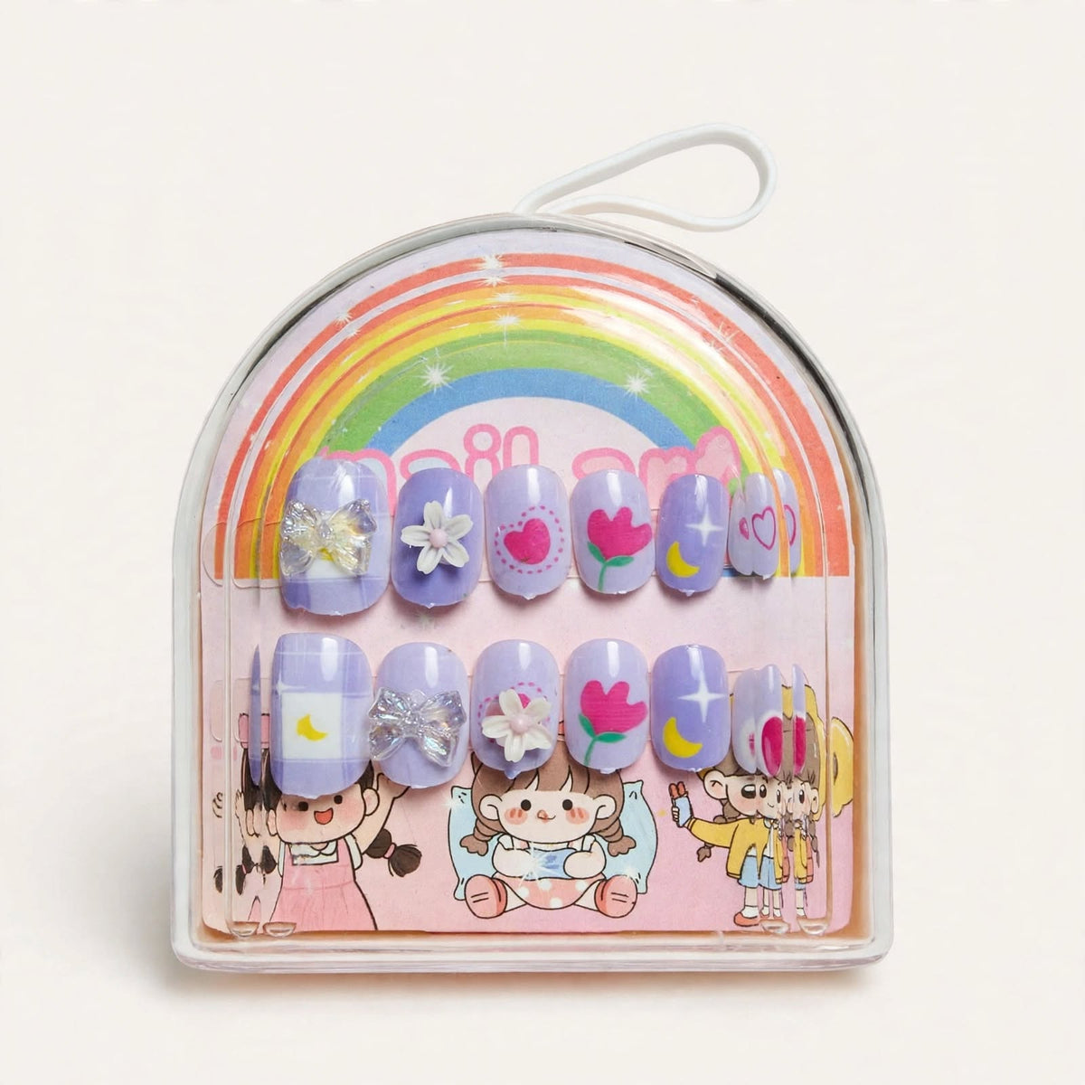 Lilac Tulips kids press-on nails, angled