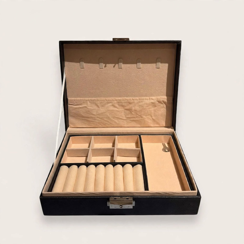 Black jewellery box, open, front