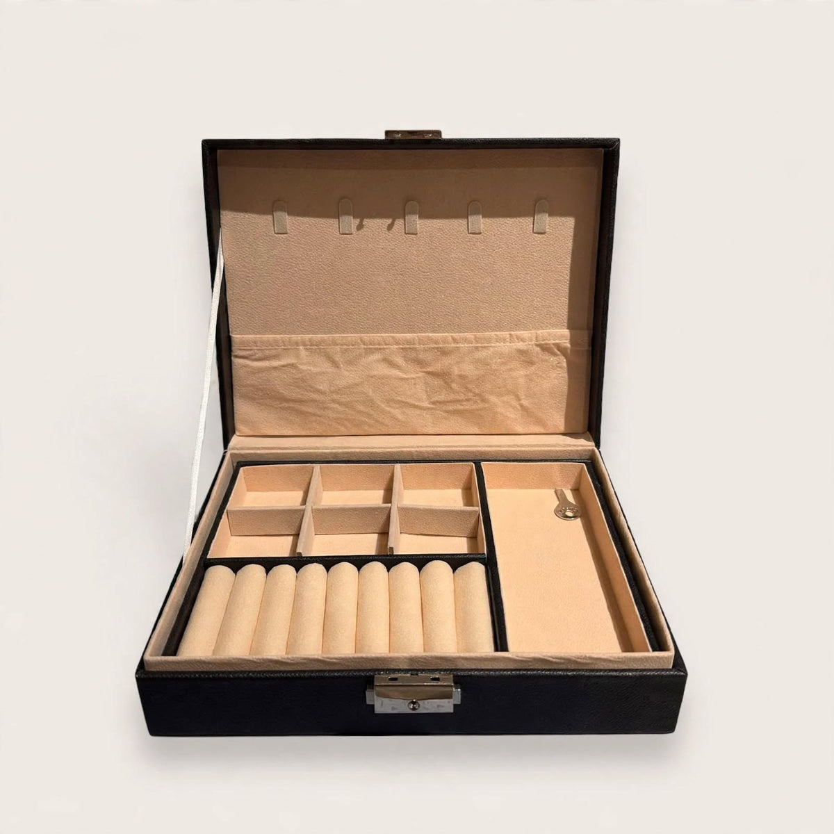 Black jewellery box, open, front