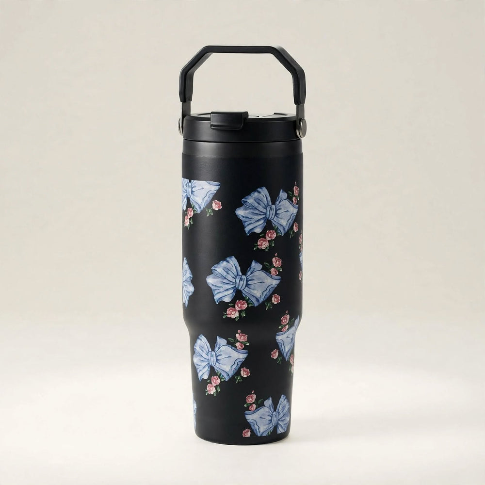 Black ribbon coquette travel tumbler standing