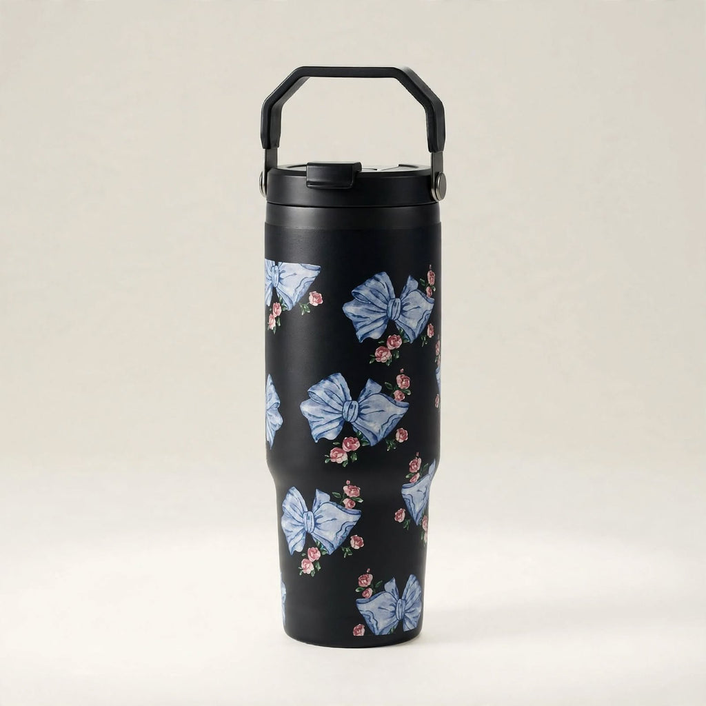 Black ribbon coquette travel tumbler standing