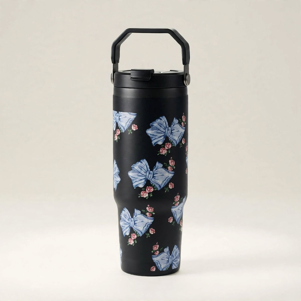 Black ribbon coquette travel tumbler standing