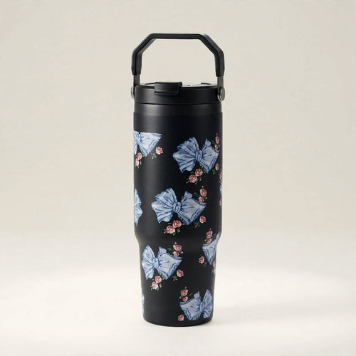 Black ribbon coquette travel tumbler standing