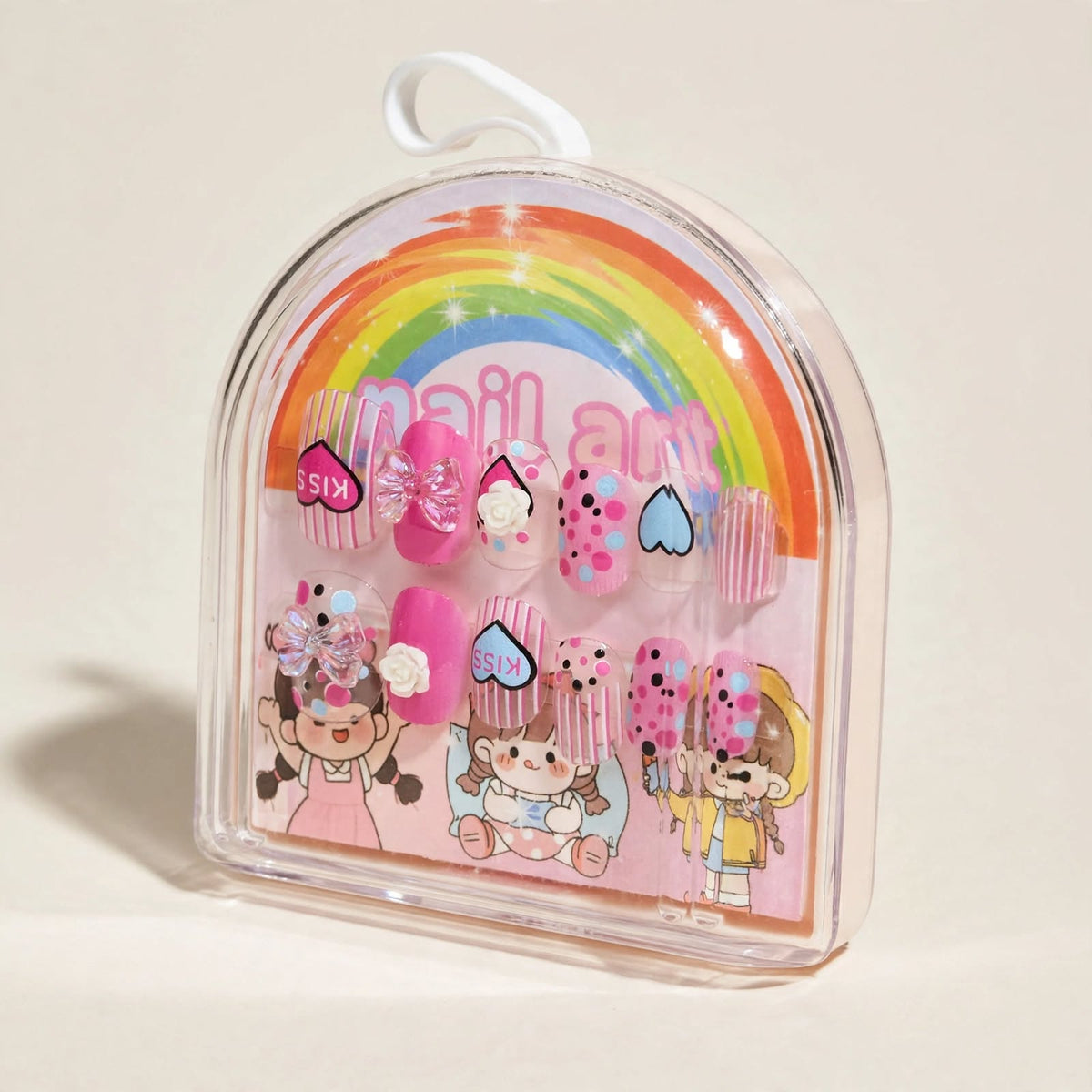 Hot Pink Hearts kids press-on nails, angled