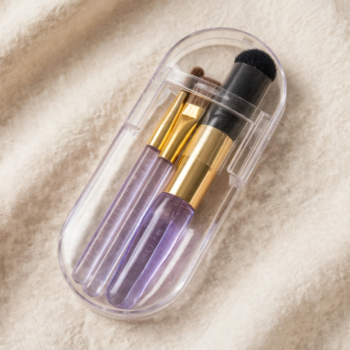 Mini makeup brush set in case, angled