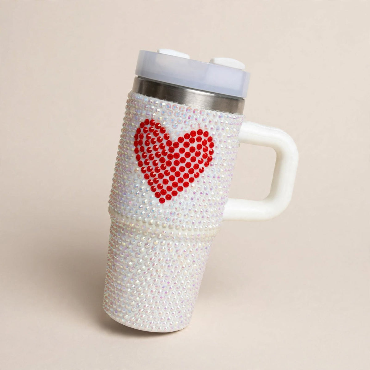 Rhinestone tumbler with red heart, angled