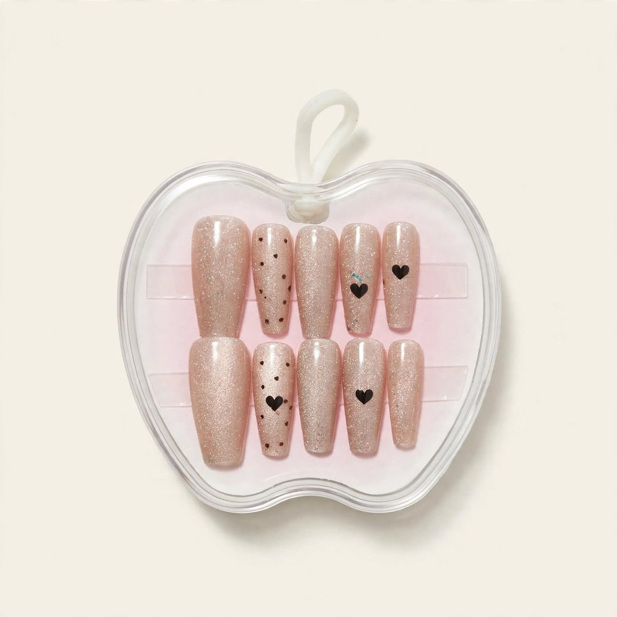 Nude Glitter Hearts long press-on nails