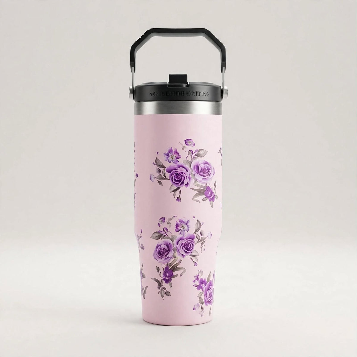 Lilac floral travel tumbler, front