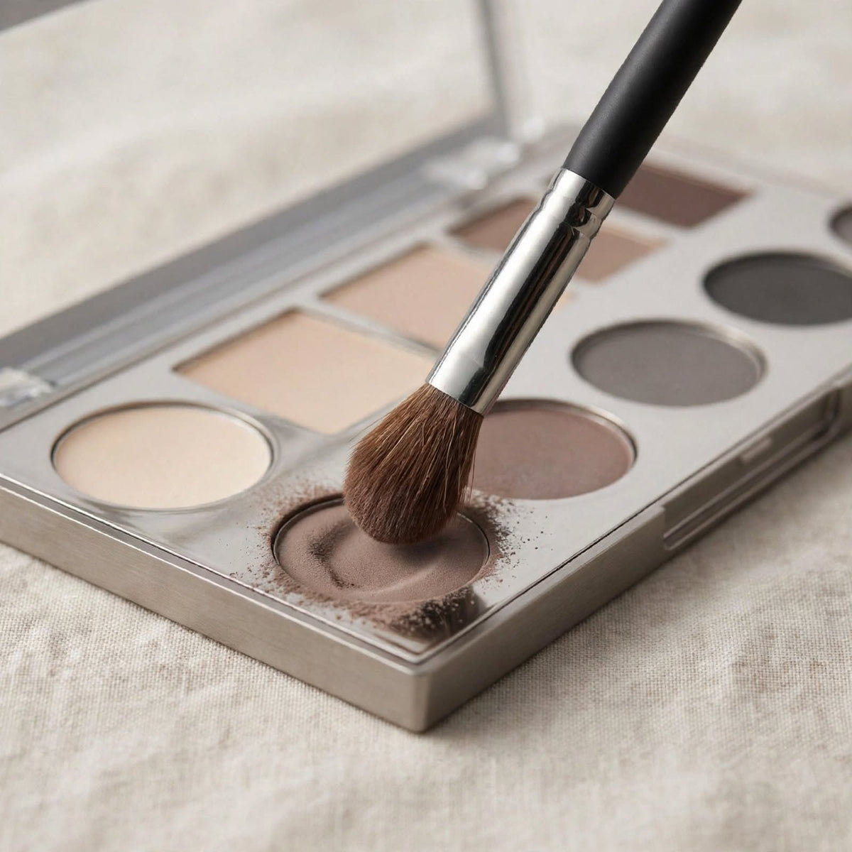 Eyeshadow brush in a palette, close up