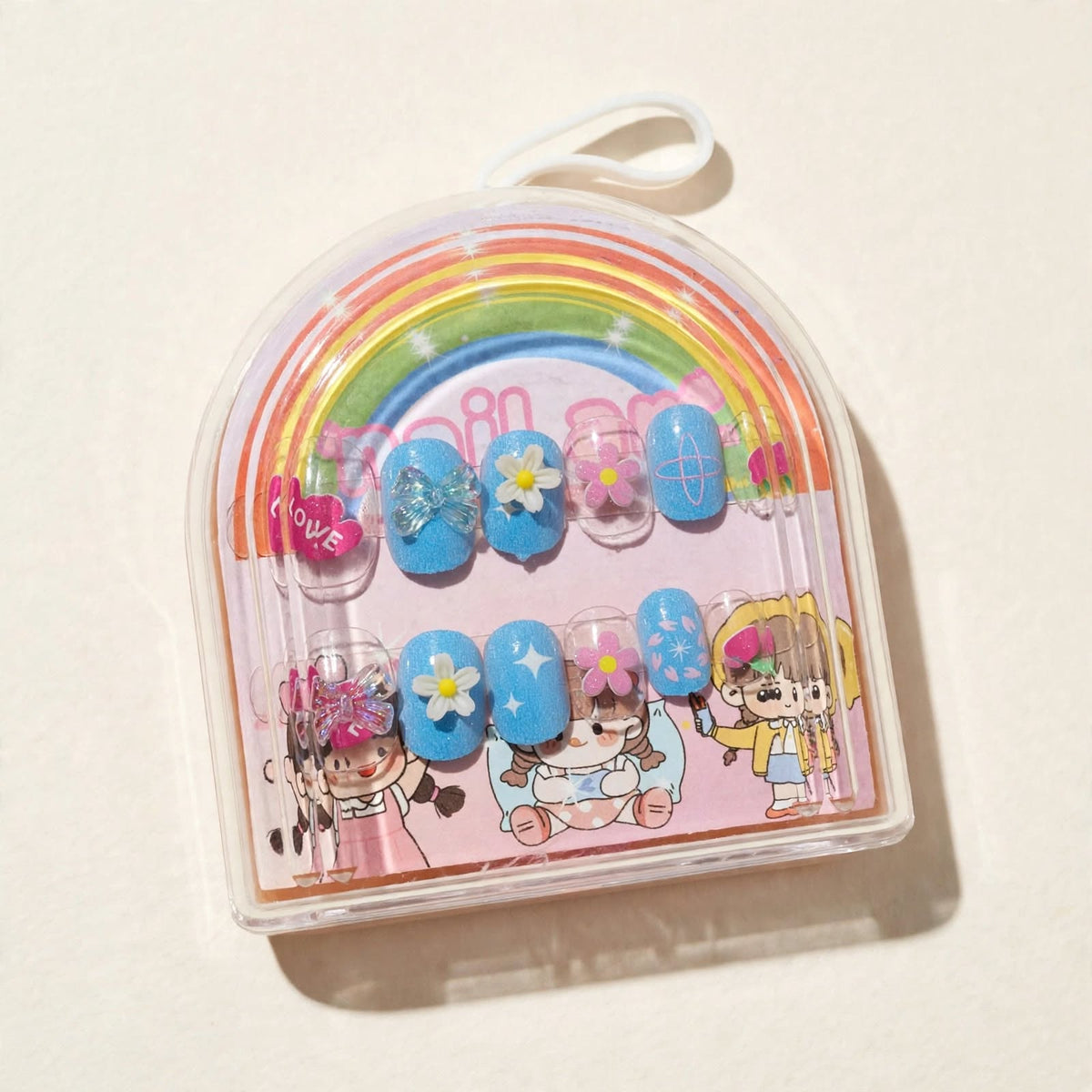 Sky Blue Daisies kids press-on nails, angled