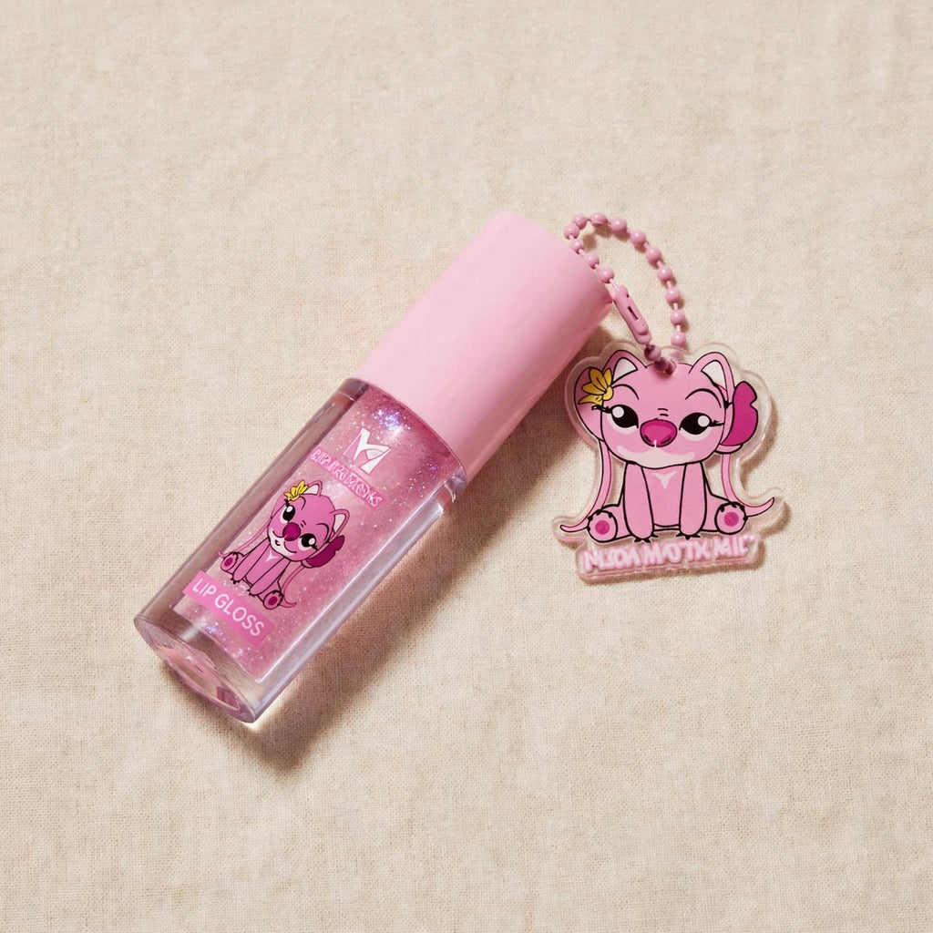 Pink character keychain lip gloss, close up