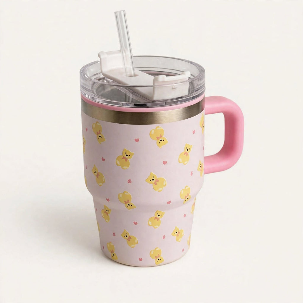 Beige floral 600ml tumbler with pink handle