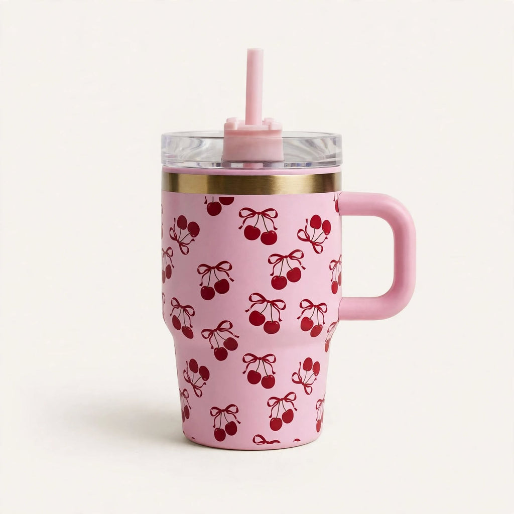 Cherries 600ml tumbler with pink handle
