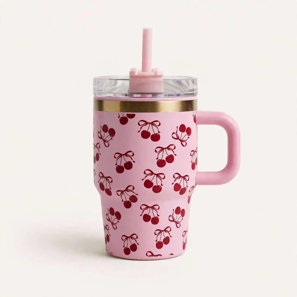 Cherries 600ml tumbler with pink handle