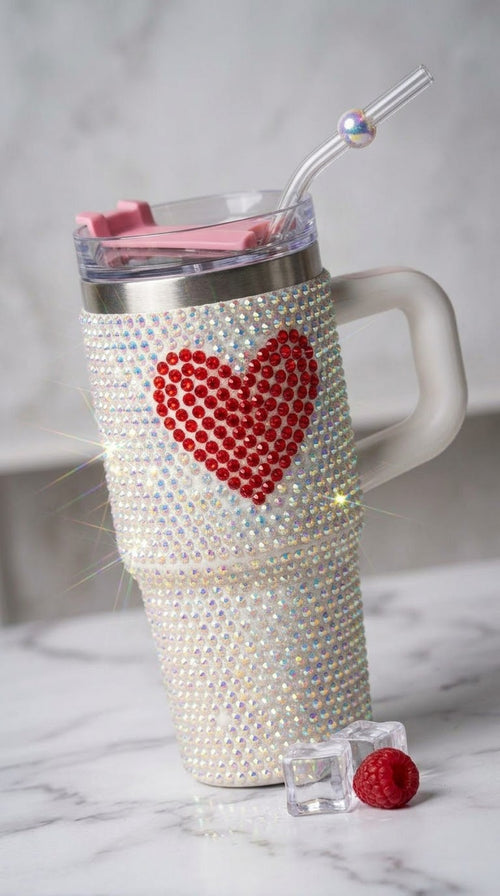 Bling Rhinestone Insulated Tumbler with Red Heart Design