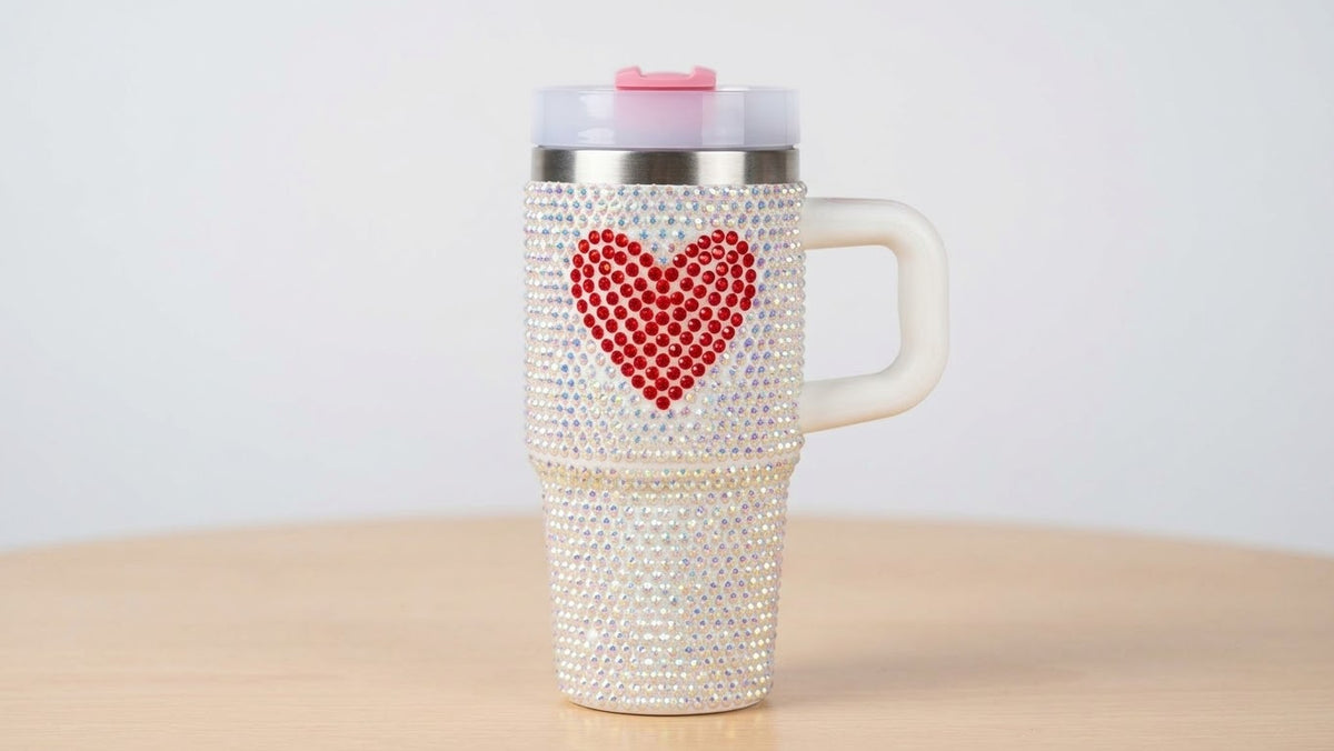 Bling Rhinestone Insulated Tumbler with Red Heart Design, view 3