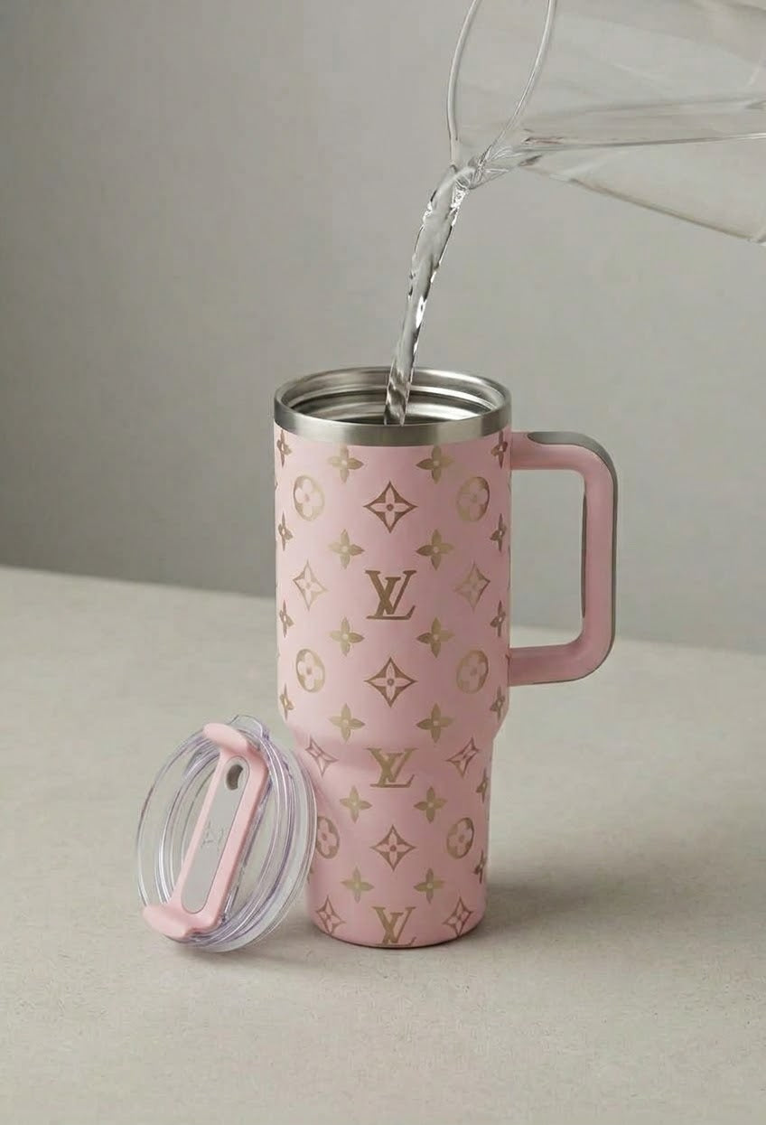 Luxe Blush Pink Monogram Insulated Tumbler, 40oz with Handle, view 3